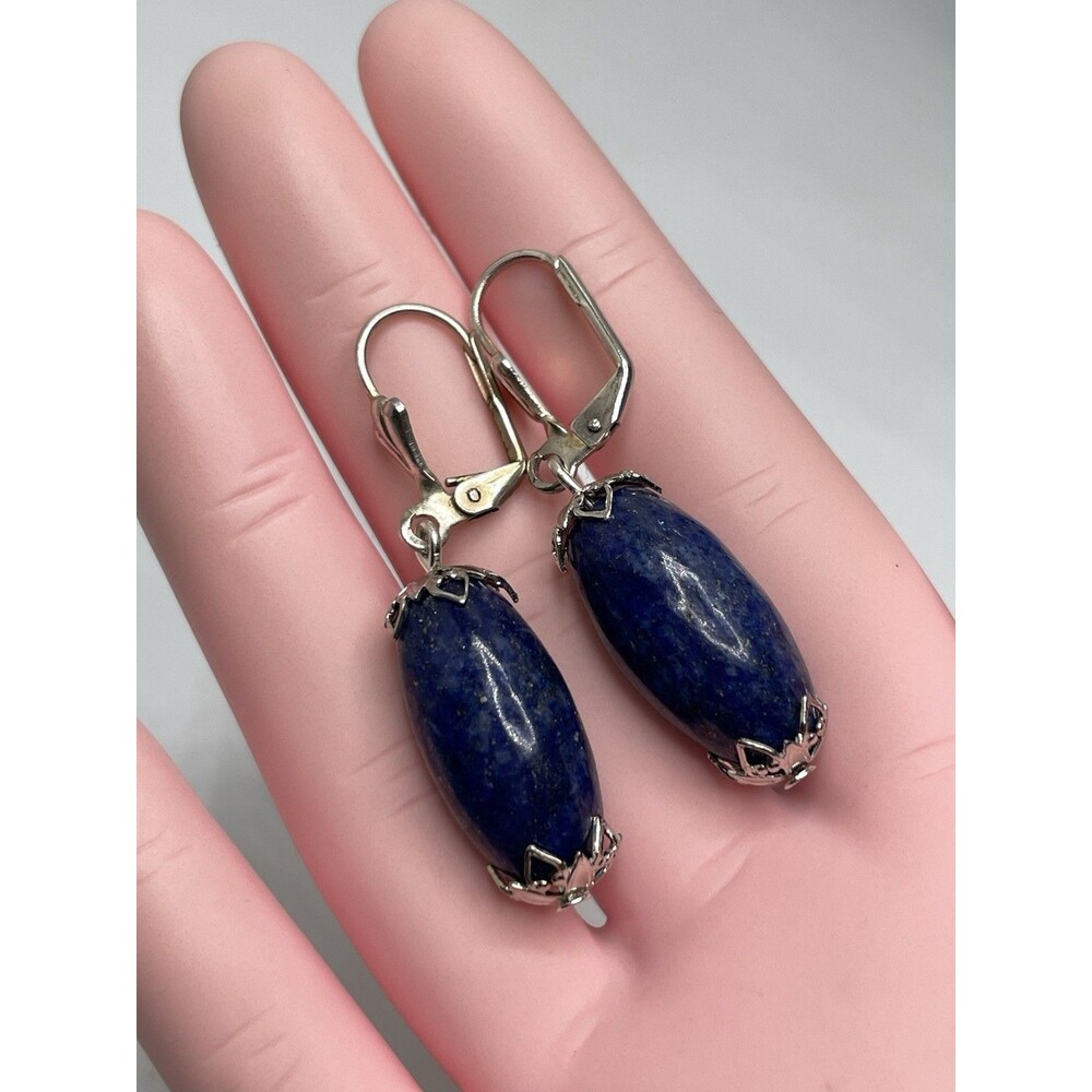 Artisan Lapis Lazuli Beaded Silver Tone Dangle Lever Back Earrings Boho Timeless - Picture 5 of 6